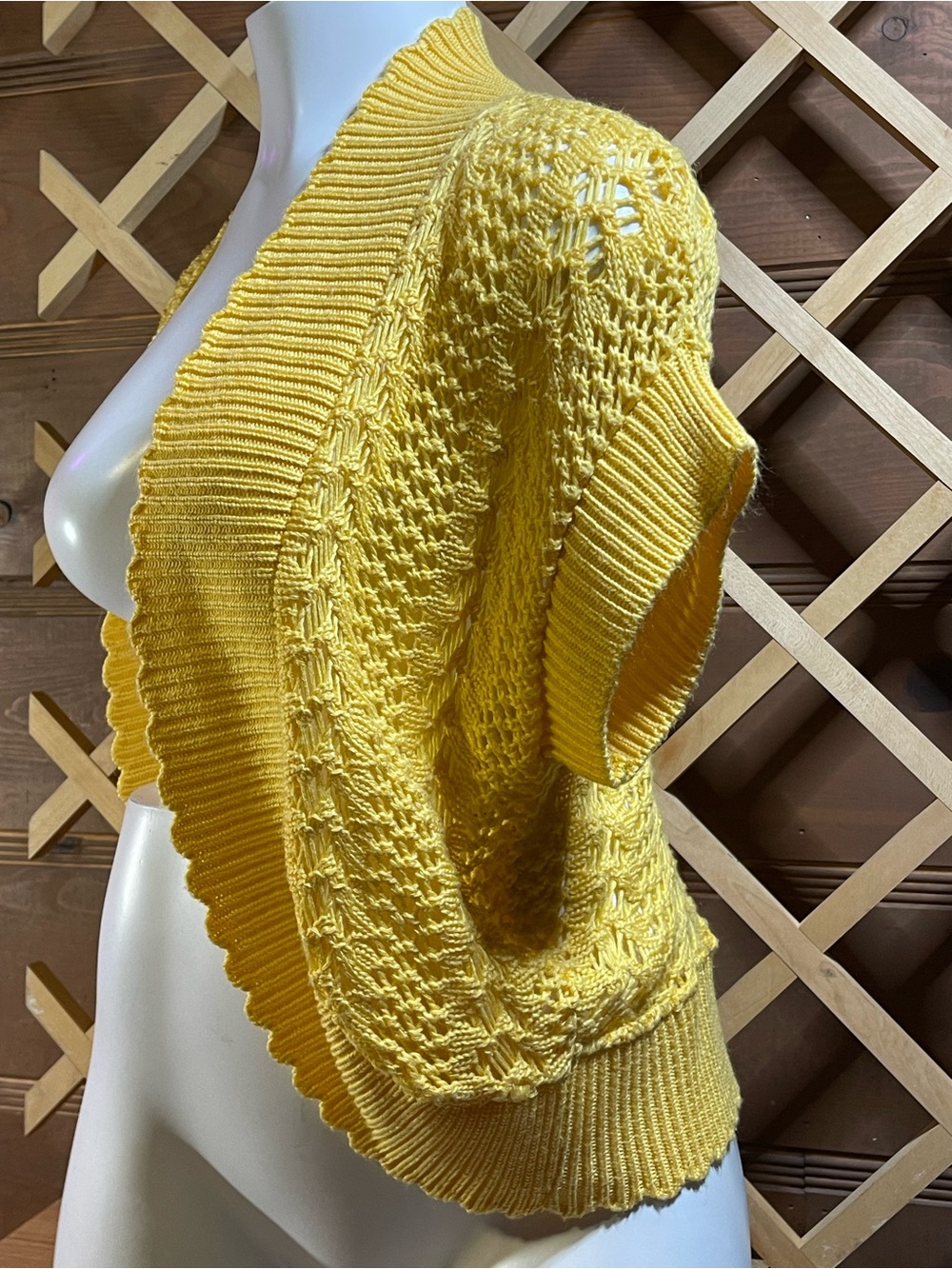 Vibrant Yellow Short Sleeve Open- knit Pointelle Cardigan /Crochet Style knit